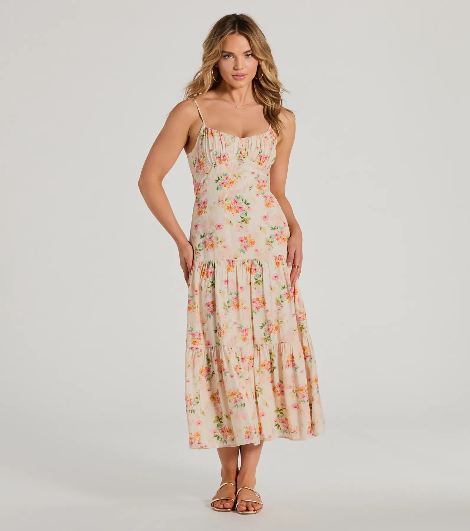 Machine - Washable Casual Dresses for Hassle - Free Care Soiree Hour Lace-Up Ruffled Floral Midi Dress Machine - Washable Casual Dresses for Hassle - Free Care Soiree Hour Lace-Up Ruffled Floral Midi Dress