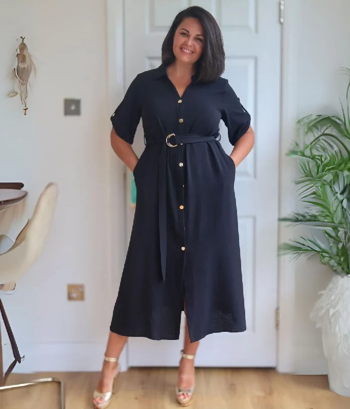Post - Partum Casual Dresses for New Moms​ Black Gold Button Shirt Dress