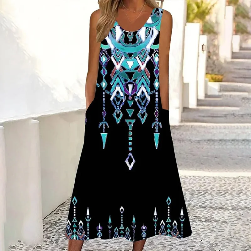Mini dresses with geometric prints for a modern aesthetic Vintage Ethnic Casual Dress