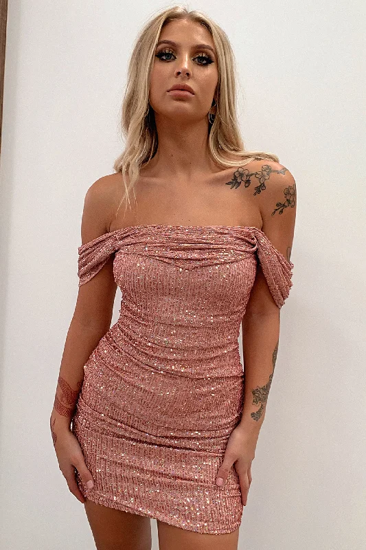 Mini dresses with geometric prints for a modern aesthetic Nara Off Shoulder Sequin Dress - Pink Sequin Mini dresses with geometric prints for a modern aesthetic Nara Off Shoulder Sequin Dress - Pink Sequin