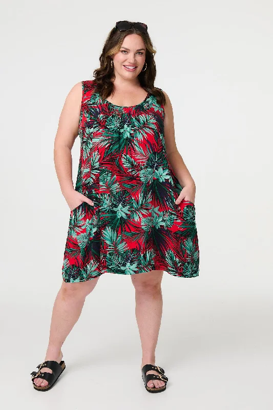 Ombre - Dyed Casual Dresses for a Gradient Effect​ Leaf Print Sleeveless Tunic Dress