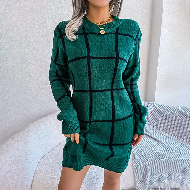 Mini dresses with high - low hems for a modern twist Casual Plaid Knit Dress