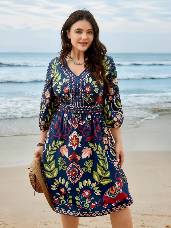 Non - Slip Casual Dresses with Adjustable Straps​ Boho Print V-Neck Pockets Midi Dress