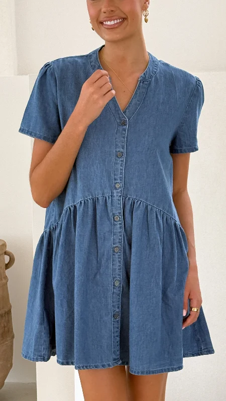 Mini dresses with geometric prints for a modern aesthetic Juliani Mini Dress - Blue Denim