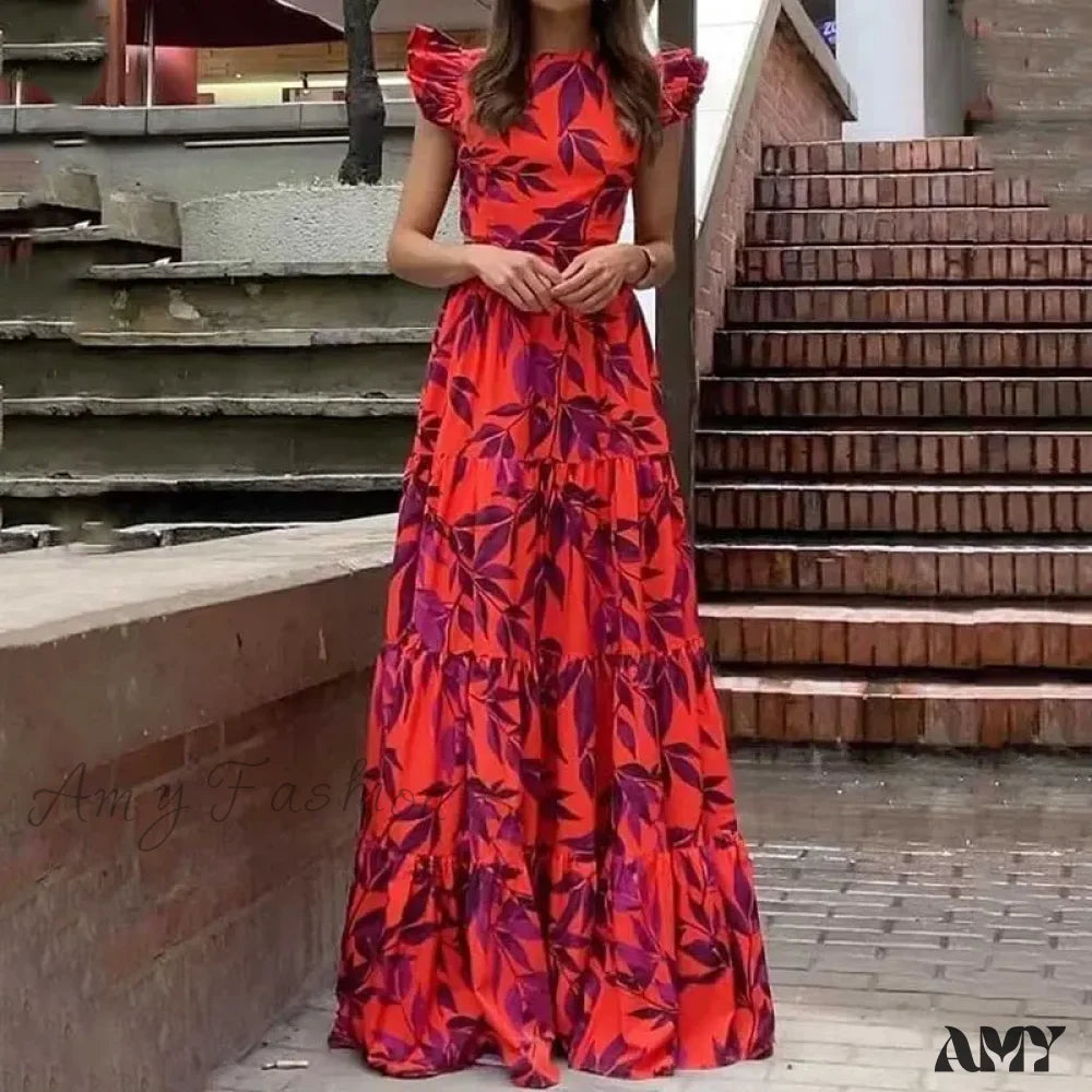 Short - Sleeve Casual Dresses with Printed Graphics​ Amy Fashion - Summer Print Maxi Flying Sleeve Party Robe Vintage Boho Dress