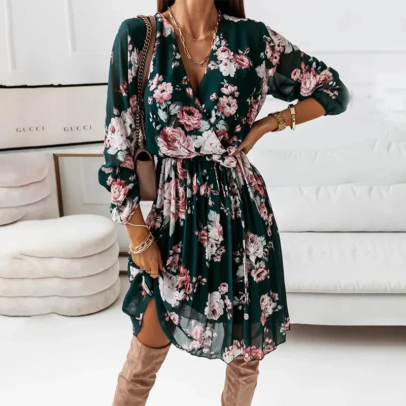 Mini dresses with ruched bodices for a feminine touch Chiffon Sleeve Floral Print 2024 Autumn Casual Deep V Neck Pleated Office Mini Dress