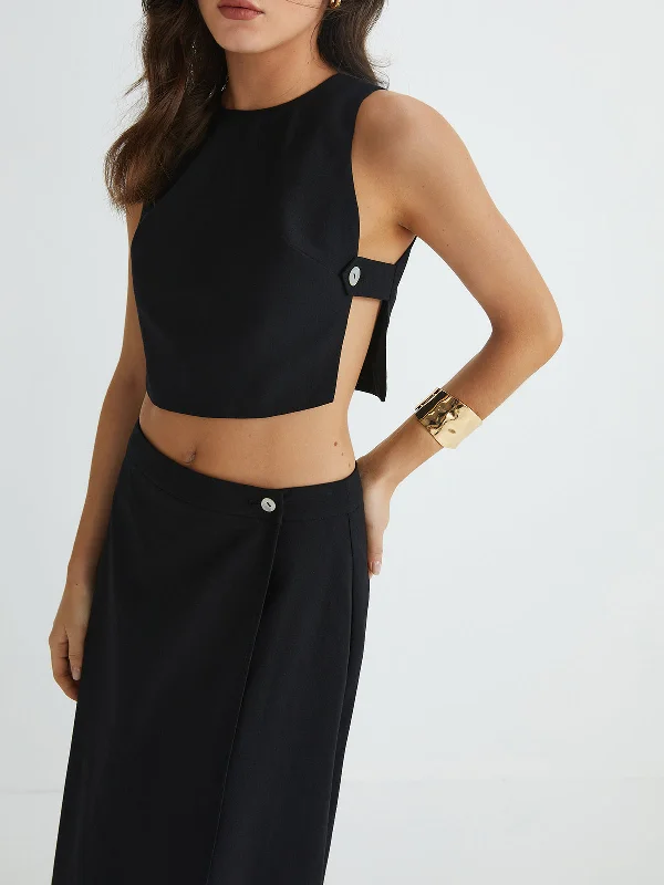 Metallic - Accented Casual Dresses for a Shiny Finish​ Plain Button Detail Top With Split Maxi Skirt Set