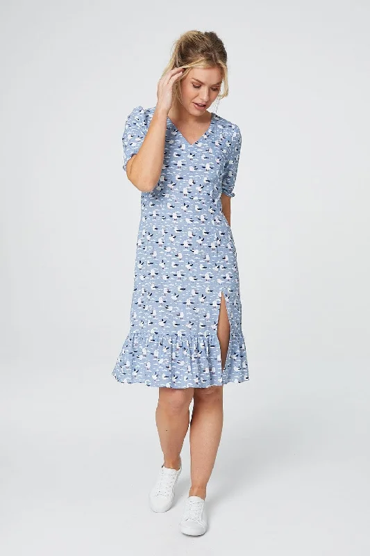 Hat - Friendly Casual Dresses for Outdoor Outfits​ Bird Print Short Sleeve Tea Dress