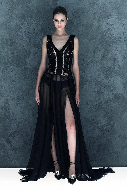 Cable - Knit Casual Dresses for a Traditional Style​ Stardust Slit Sleeveless Silk Chiffon Floor Length Dress
