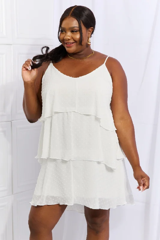 Mini dresses with pleated skirts for a classic look Culture Code By The River Full Size Cascade Ruffle Style Cami Dress in Soft White Mini dresses with pleated skirts for a classic look Culture Code By The River Full Size Cascade Ruffle Style Cami Dress in Soft White