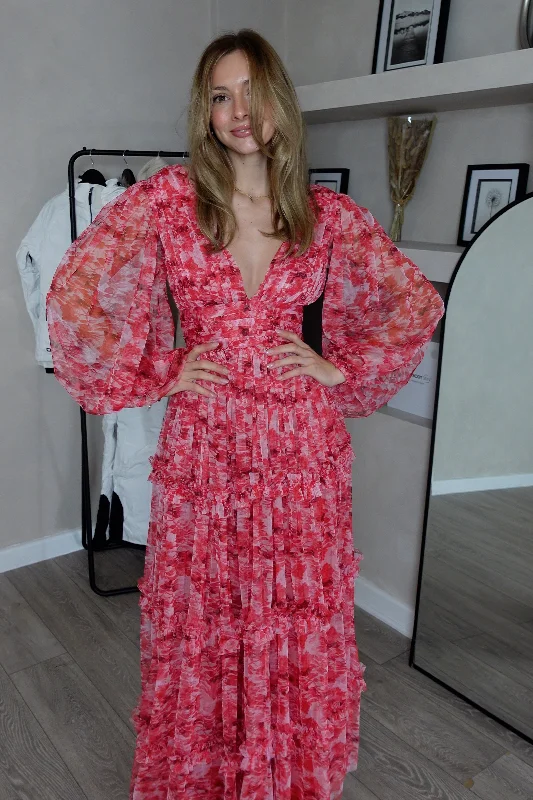 Striped Casual Dresses in Cotton Blend​ Lydia Maxi Dress in Red Floral