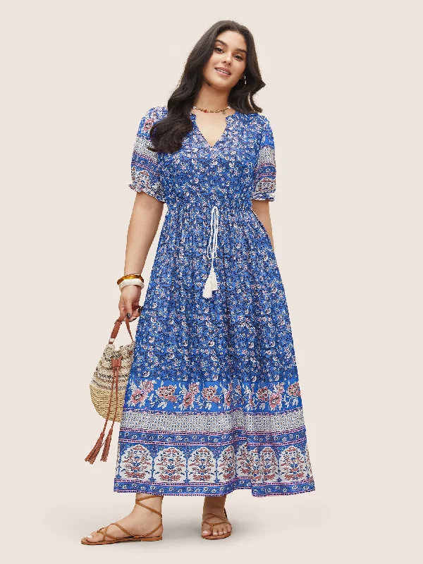 Geometric - Patterned Casual Dresses for a Modern Style Boho Print Notched Ties Tassel Trim Dress Geometric - Patterned Casual Dresses for a Modern Style Boho Print Notched Ties Tassel Trim Dress