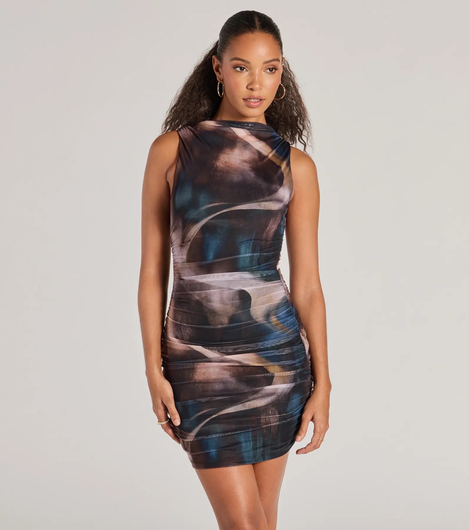 Modal Casual Dresses in Smooth Textures​ Artsy Nature Sleeveless Abstract Mesh Mini Dress