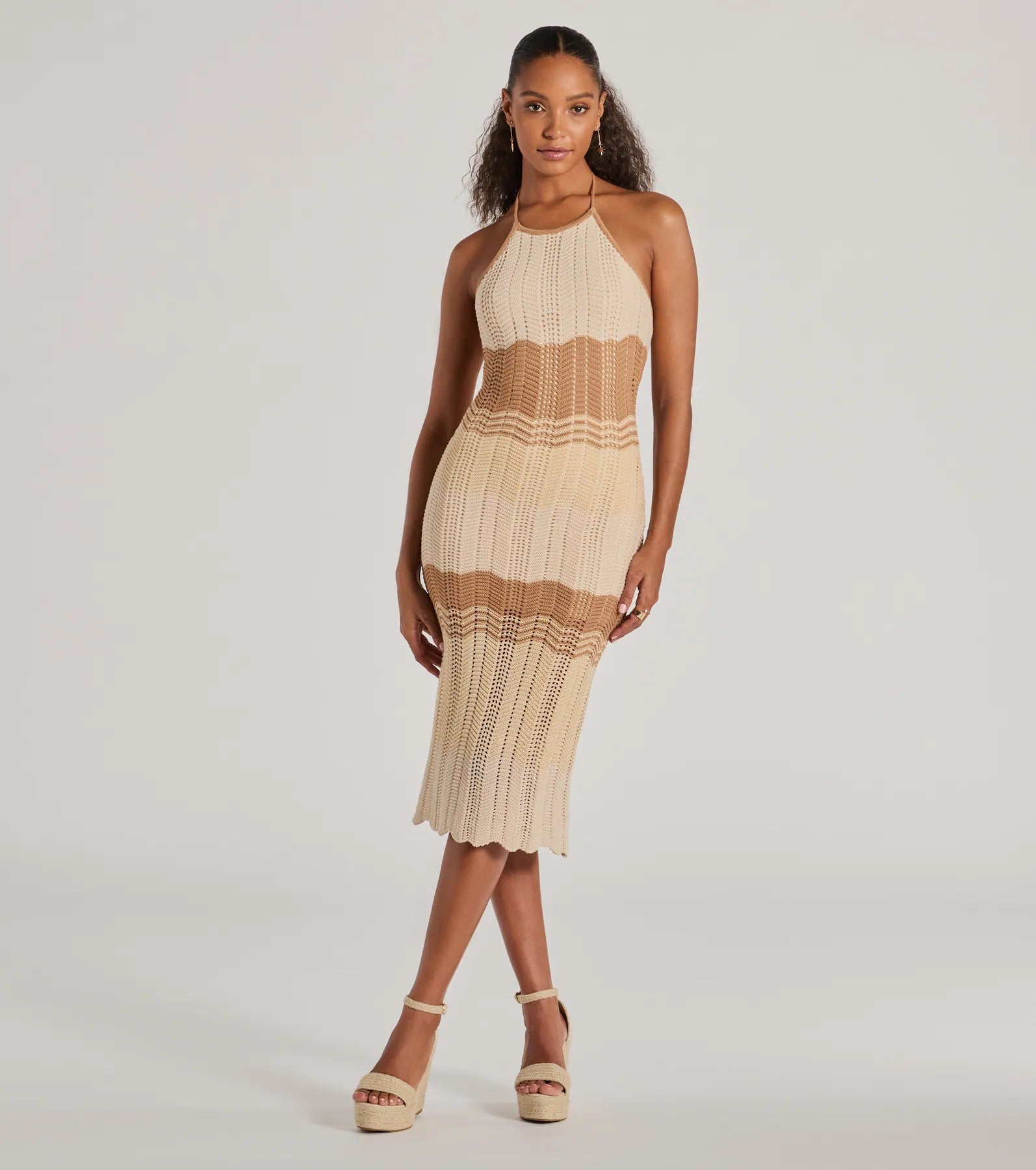 Geometric - Patterned Casual Dresses for a Modern Style Stylish Striped Halter Crochet Midi Dress Geometric - Patterned Casual Dresses for a Modern Style Stylish Striped Halter Crochet Midi Dress