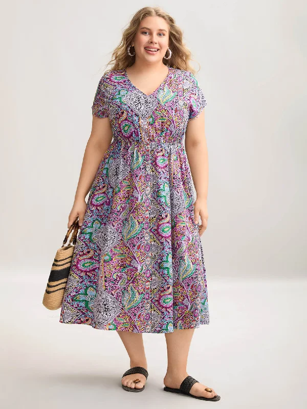 Animal - Print Casual Dresses for a Bold Statement​ Paisley Print Pockets V-Neck Midi Dress