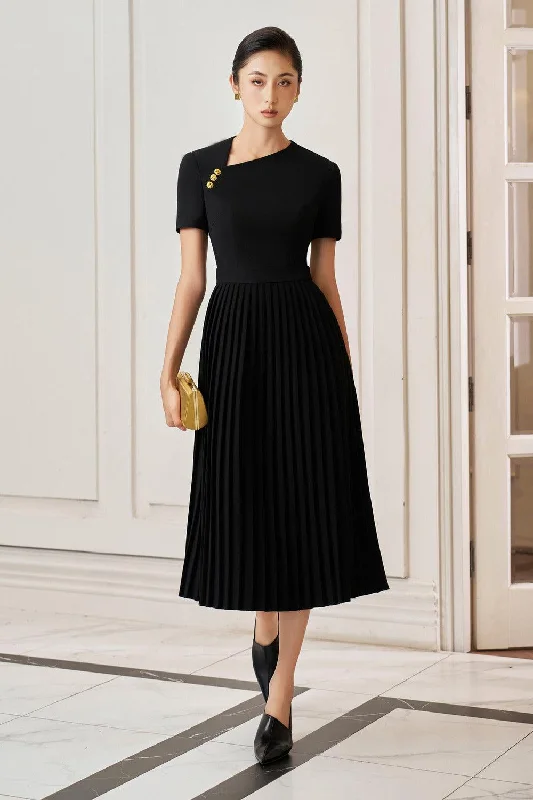 Fall - Style Casual Dresses with Earthy Tones Opal Pleated Asymmetric Neck Gabardine Midi Dress Fall - Style Casual Dresses with Earthy Tones Opal Pleated Asymmetric Neck Gabardine Midi Dress
