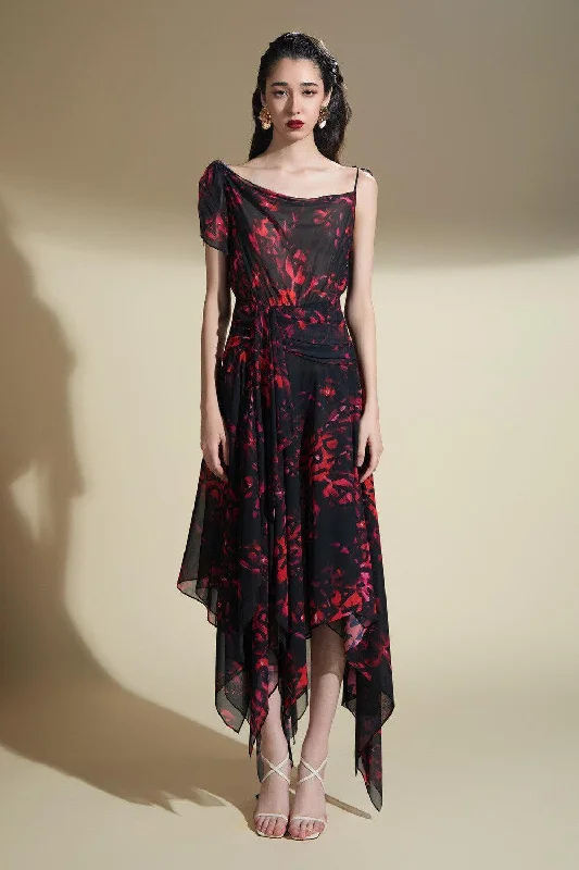 Glittery Casual Dresses for a Sparkly Effect Jessica A-line Asymmetric Shoulder Organza Voile Midi Dress Glittery Casual Dresses for a Sparkly Effect Jessica A-line Asymmetric Shoulder Organza Voile Midi Dress
