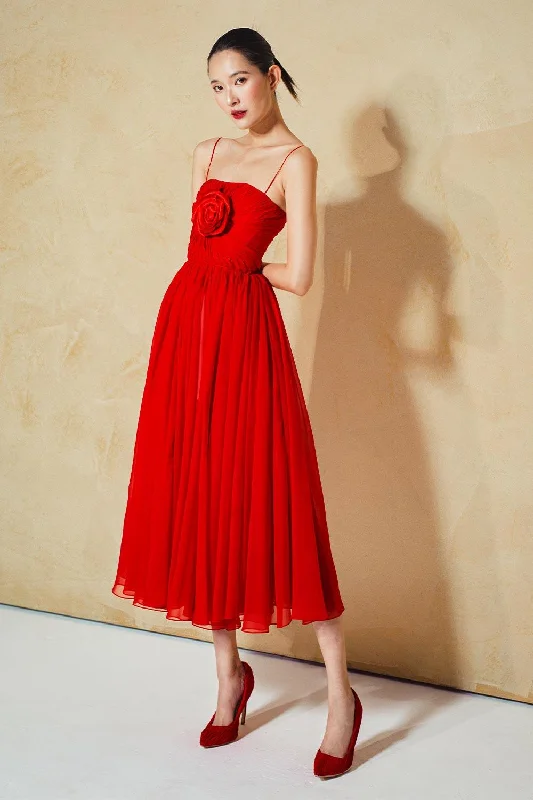 Winter - Warm Casual Dresses with Lined Fabrics Rosales A-line Spaghetti Strap Organza Voile Midi Dress Winter - Warm Casual Dresses with Lined Fabrics Rosales A-line Spaghetti Strap Organza Voile Midi Dress