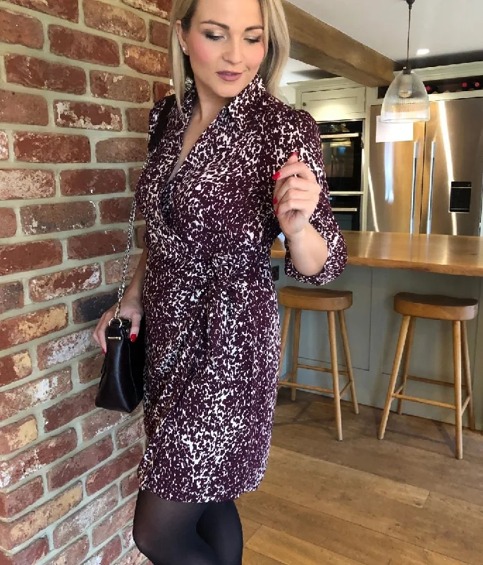 Washable Casual Dresses for Convenient Cleaning​ Burgundy Leopard Print Wrap Dress