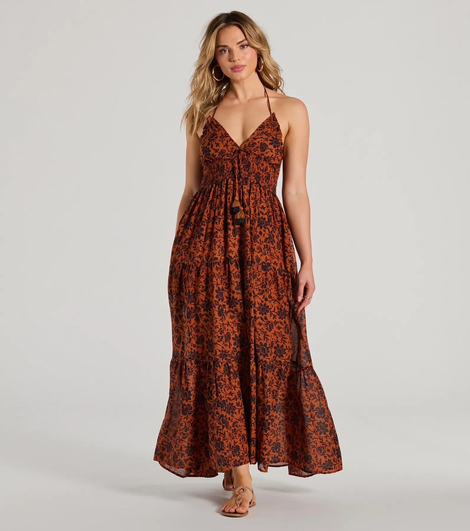 A - Line Casual Dresses for a Flattering Silhouette Stunning One Halter V-Neck Ruffle Floral Maxi Dress A - Line Casual Dresses for a Flattering Silhouette Stunning One Halter V-Neck Ruffle Floral Maxi Dress