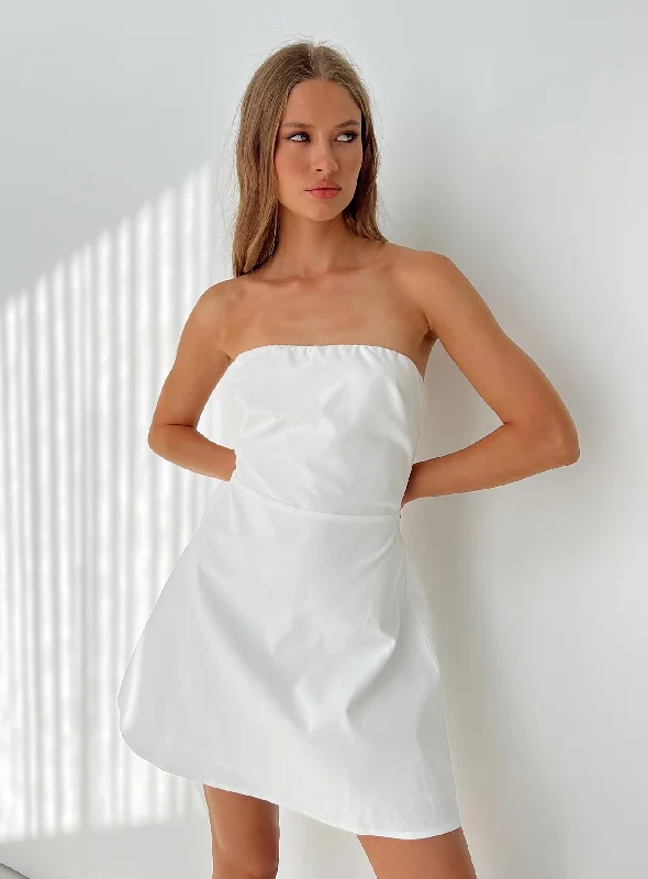Denim mini dresses with distressed details Ostro Strapless Mini Dress White
