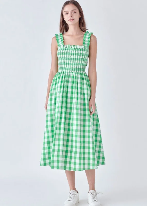 Abstract - Printed Casual Dresses for a Contemporary Vibe Alice Check Print Midi Dress- Green ***FINAL SALE*** Abstract - Printed Casual Dresses for a Contemporary Vibe Alice Check Print Midi Dress- Green ***FINAL SALE***