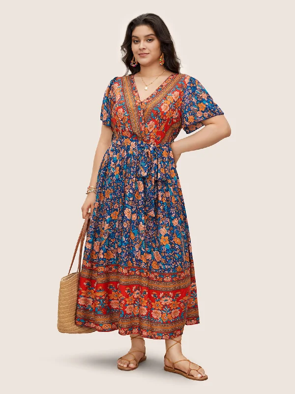 Fall - Style Casual Dresses with Earthy Tones Bandana Surplice Neck Pocket Belted Flutter Hem Maxi Dress Fall - Style Casual Dresses with Earthy Tones Bandana Surplice Neck Pocket Belted Flutter Hem Maxi Dress