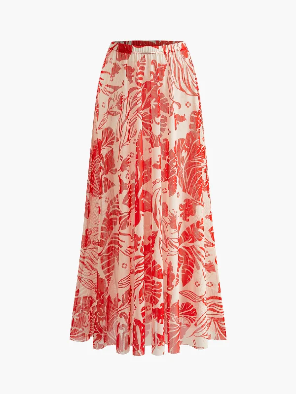Long - Sleeve Casual Dresses in Lightweight Fabrics​ Mesh Printed Cover-Up Skirt