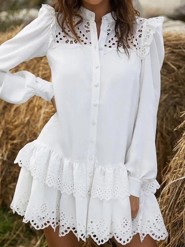Mini dresses with side slits for a sexy appeal Sexy Hollow Lace Fashion Shirt Dress