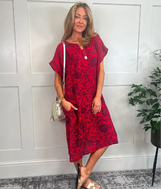 Petite - Sized Casual Dresses for Smaller Frames​ Red Floral Linen Look Dress