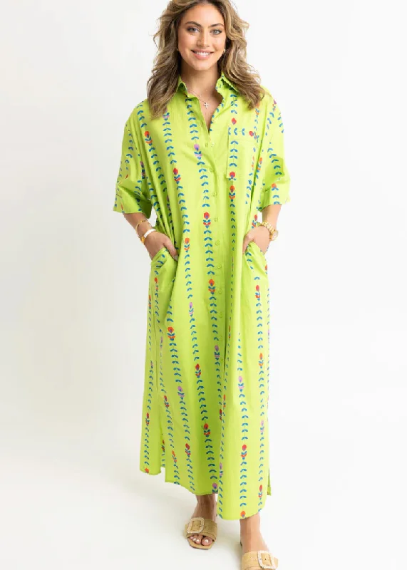 Work - from - Home Casual Dresses for Comfort and Style​ Karlie Vine Print Shirt Dress-Lime