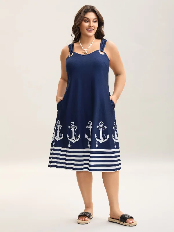 Sequined Casual Dresses for Special Occasions​ Nautical Print Sleeveless Buckle Midi Dress