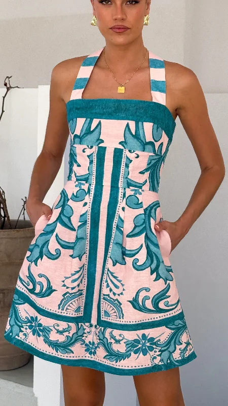 Mini dresses with geometric prints for a modern aesthetic Maegan Mini Dress - Aqua / Pink Zayna Mini dresses with geometric prints for a modern aesthetic Maegan Mini Dress - Aqua / Pink Zayna