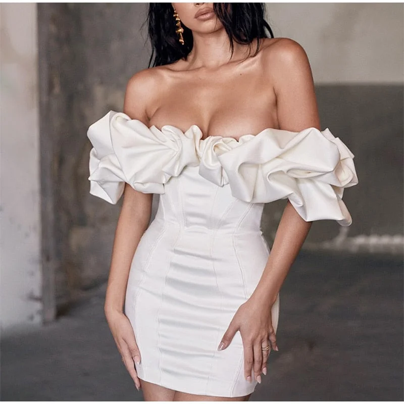 Mini dresses with cold - shoulder designs FashionSierra - Solid Fishbone Off Shoulder Ruffled One-shoulder Mini Dress