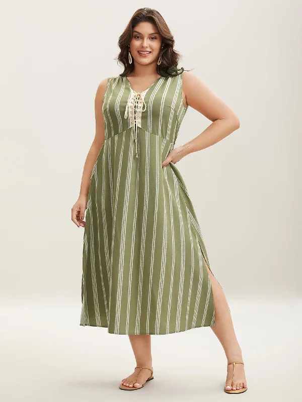 Home - Wear Casual Dresses for Comfort at Home​ Solid Stripes Bust Lace-Up Midi Dress