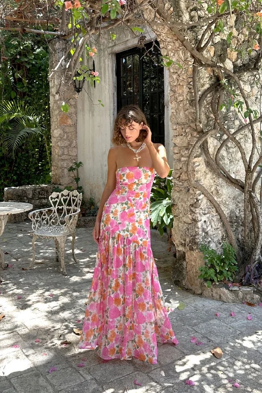 Child - Sized Casual Dresses with Cute Designs LaBelle Strapless Drop Waist Pink Floral Maxi Dress Child - Sized Casual Dresses with Cute Designs LaBelle Strapless Drop Waist Pink Floral Maxi Dress