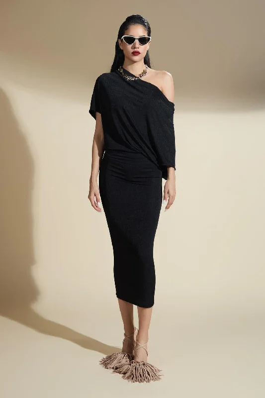 Quick - Dry Casual Dresses for Travel and Outdoor Use Reina Bodycon Off-Shoulder Polyester Spandex Midi Dress Quick - Dry Casual Dresses for Travel and Outdoor Use Reina Bodycon Off-Shoulder Polyester Spandex Midi Dress