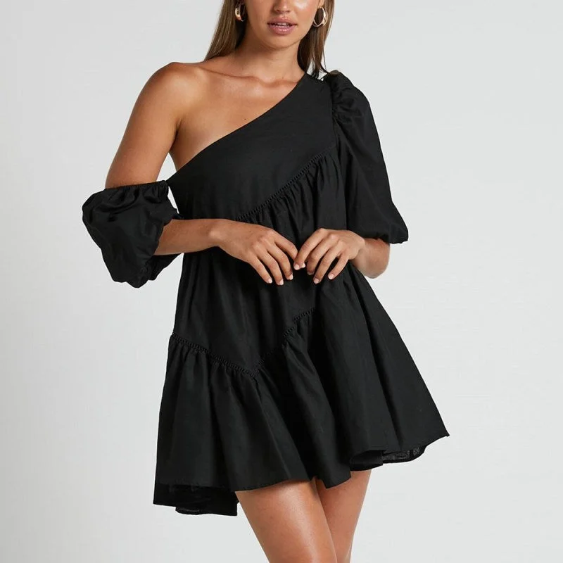 Mini dresses with keyhole necklines Women's casual loose off-shoulder puff sleeve patchwork short-sleeved dress irregular skirt Mini dresses with keyhole necklines Women's casual loose off-shoulder puff sleeve patchwork short-sleeved dress irregular skirt