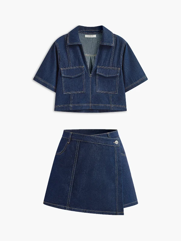 Off - Shoulder Casual Dresses for a Feminine Touch​ Denim Pocket Detail Shorts Set