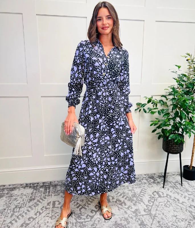 Mini Casual Dresses with Ruffled Hem​ Black Heart Print Midi Shirt Dress