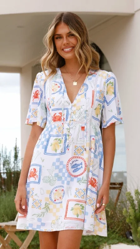 Denim mini dresses with distressed details Sienna Shift Mini Dress - Picnic Print