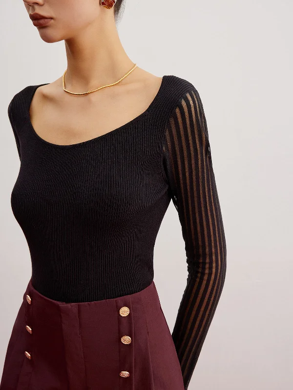 Wrap - Style Casual Dresses for Easy Wear​ Ribbed Sheer Sleeve Sweater