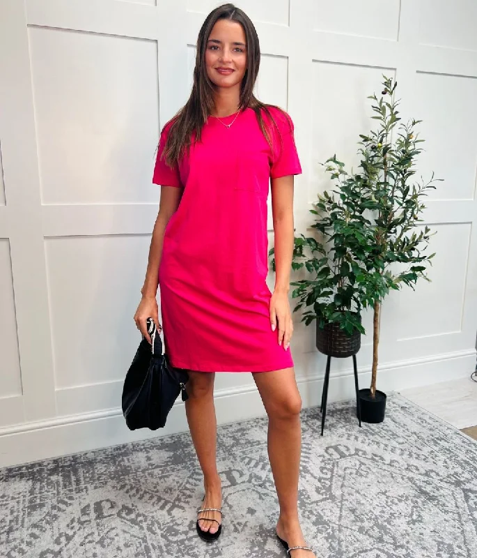 Dry - Clean - Only Casual Dresses for Delicate Fabrics Pink Single Pocket Mini T Shirt Dress Dry - Clean - Only Casual Dresses for Delicate Fabrics Pink Single Pocket Mini T Shirt Dress