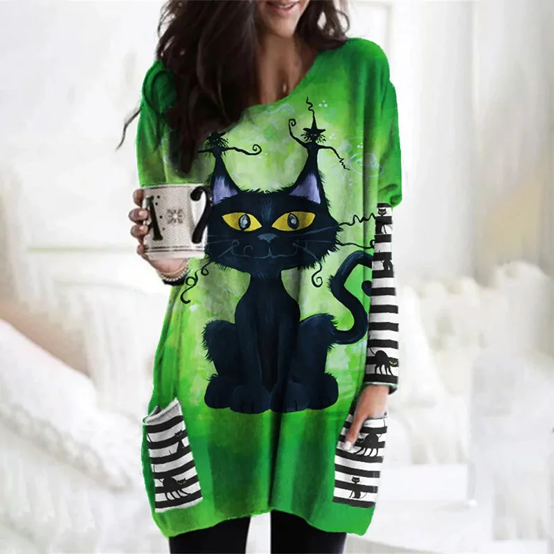 Mini dresses with off - the - shoulder styles Cat Print Halloween Shirt Dress