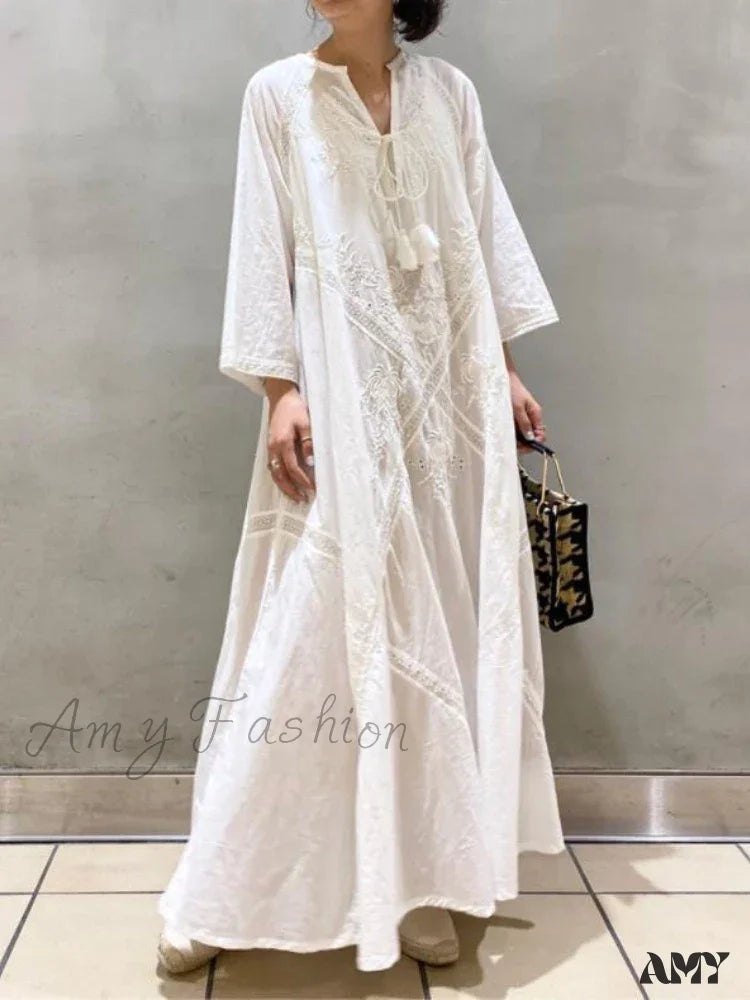 Summer - Appropriate Casual Dresses in Lightweight Materials Amy Fashion - Cotton Linen Beach White V Neck Embroidered Boho Dress Summer - Appropriate Casual Dresses in Lightweight Materials Amy Fashion - Cotton Linen Beach White V Neck Embroidered Boho Dress
