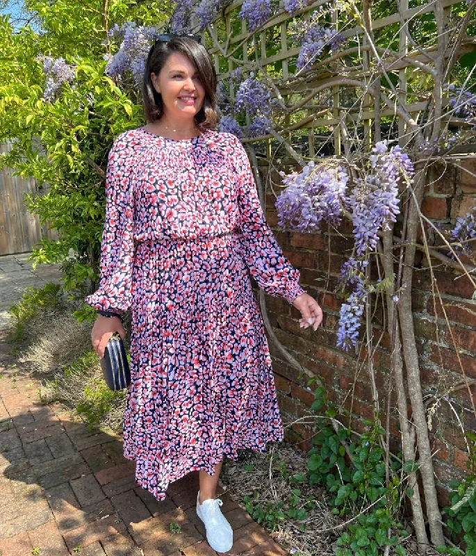Fall - Style Casual Dresses with Earthy Tones​ Animal Print Blue & Pink Midi Dress