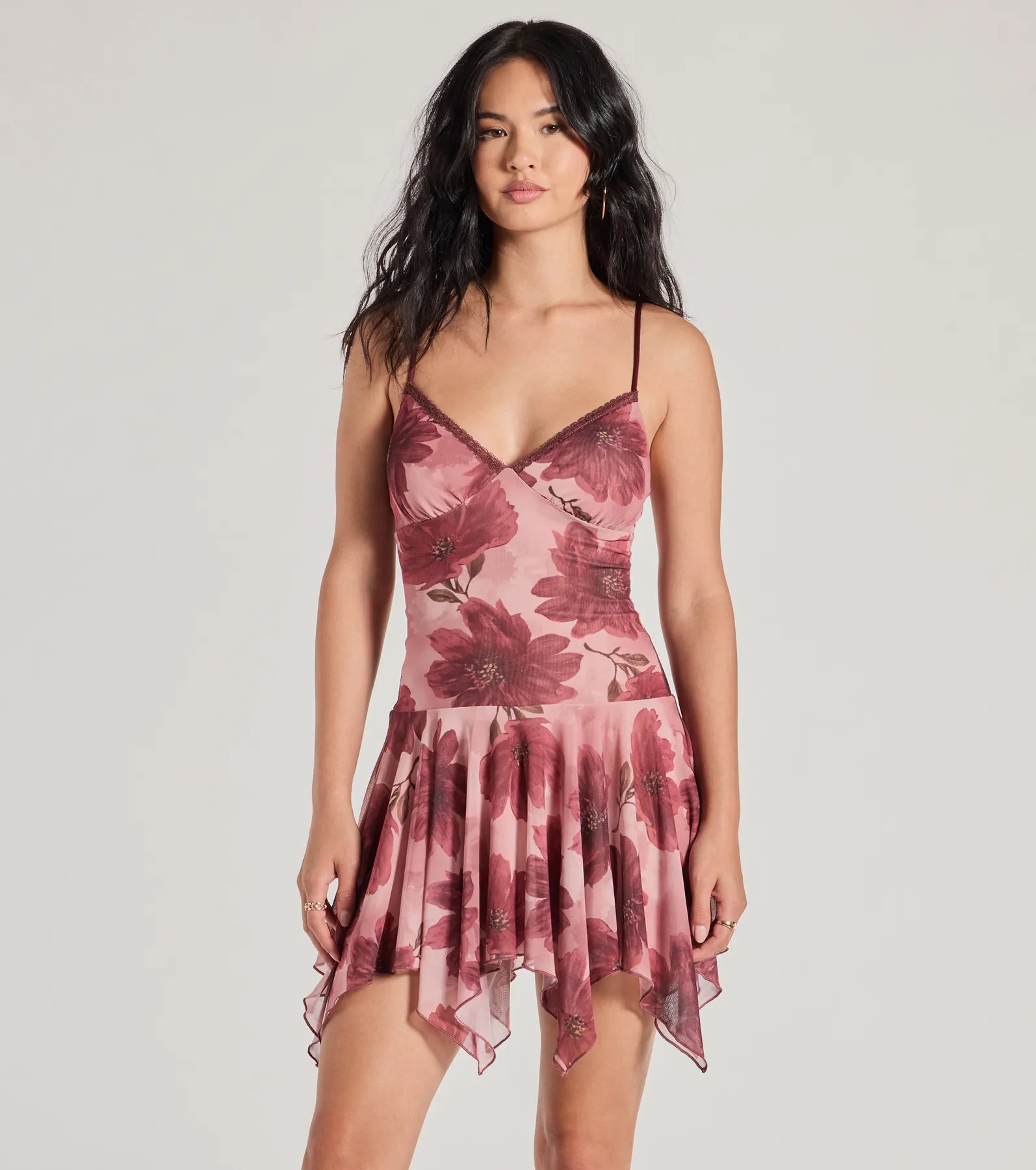 Garden Party Casual Dresses with Floral Motifs​ Sweet Dreams Hanky Hem Floral Mini Dress