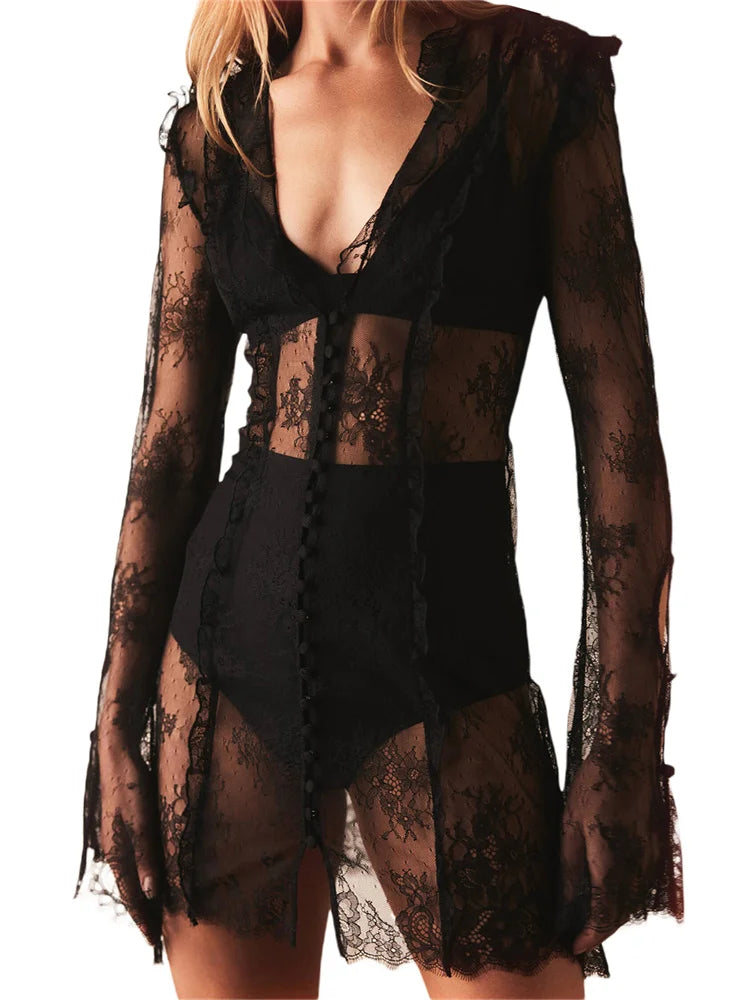 Mini dresses with V - necklines for a flattering shape FashionSierra - Retro Long Flare Sleeve Deep V-neck Lace Mini Dress Mini dresses with V - necklines for a flattering shape FashionSierra - Retro Long Flare Sleeve Deep V-neck Lace Mini Dress