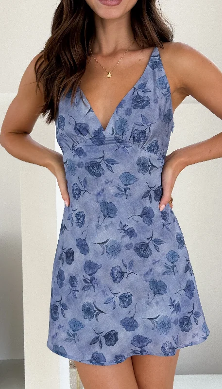 Mini dresses with puff sleeves for a vintage look Halina Mini Dress - Blue Rose