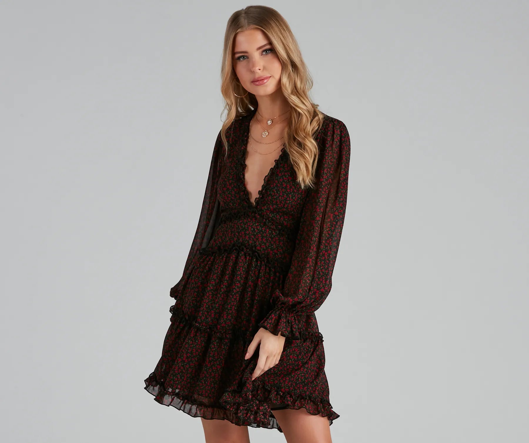 Printed mini dresses for a casual day out Plucking Roses Chiffon Peasant Dress